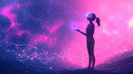 Naklejka premium Virtual Data Manipulation - User in 2D Flat Illustration Environment Gesturing to Move Data Points