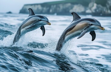 Obraz premium Two dolphins leaping in ocean waves, dramatic coastal background