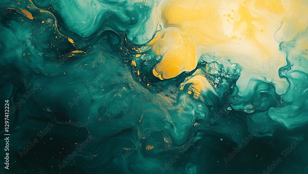 Poster an abstract green and yellow background featuring fluid, flowing shapes, creating a dynamic and arti
