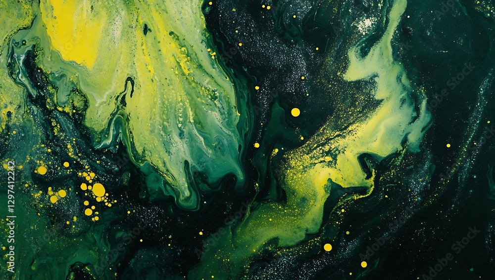 Poster an abstract green and yellow background featuring fluid, flowing shapes, creating a dynamic and arti