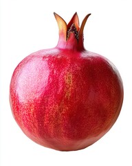 A vibrant red pomegranate fruit with a textured surface against a white background.