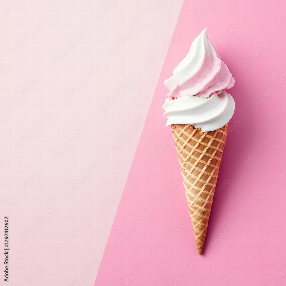 Poster creamy soft serve ice cream in waffle cone against a pink backdrop during a warm afternoon. generati