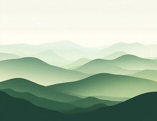 A serene abstract illustration of green mountains with a minimalist gradient background. The soft color palette evokes tranquility, ideal for nature-themed designs or art prints.