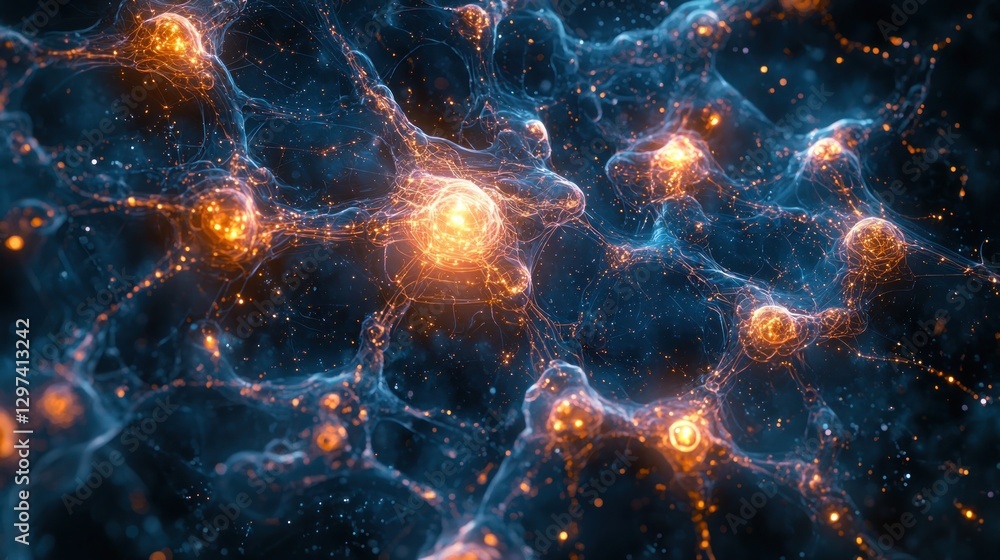 Poster data network galaxy - 2d flat illustrated web of nodes and glowing pathways on dark blue space canva