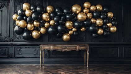 Naklejka premium Elegant black and gold balloon garland backdrop featuring matte black and golden foil balloons. Perfect for product photography, set against a dark wood floor with a vintage table.
