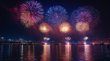 Fototapeta premium Vibrant Fireworks Panoramic Display for Celebratory Events with Colorful Explosions in Night Sky