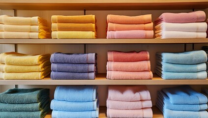 A cozy café-style display of vibrant towels arranged on wooden shelves, highlighting their textures and rich colors, bathed in soft, natural light. Perfect for home decor or lifestyle themes.