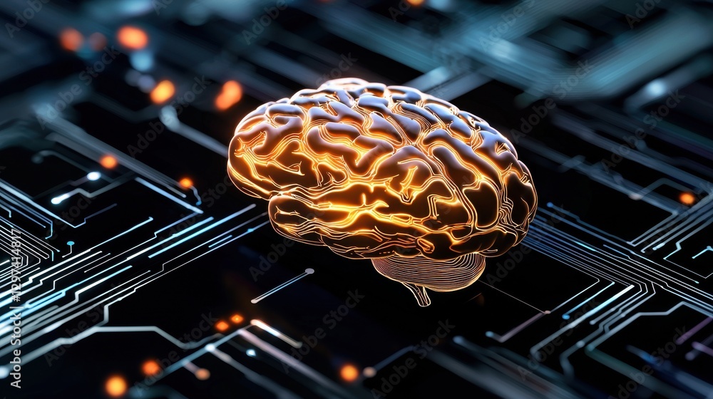 Poster digitalized ai powered brain on a futuristic circuit board background representing the concept of pe