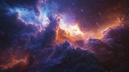 Cosmic Wonder - Illustration of Vibrant Swirling Dust Clouds and Shooting Stars in 2D Flat Style Conveying Vastness and Awe