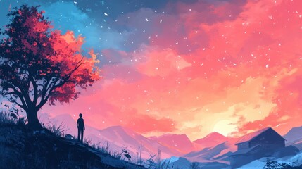Fototapeta premium Silhouette of a Person Admiring a Vibrant Sunset with a Colorful Sky and Blossoming Tree in a Serene, Mountainous Landscape with a Cabin
