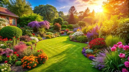 Sunny spring day reveals vibrant flowers, lush lawn, and blooming backyard, a colorful floral landscape.