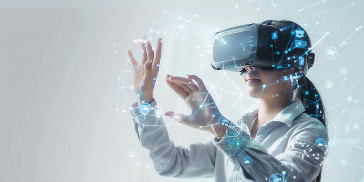 School student with VR headset using AI artificial intelligence technology & machine learning.Interactive technology in classroom. Innovation & smart tech. AI blue hologram in education. Copy space