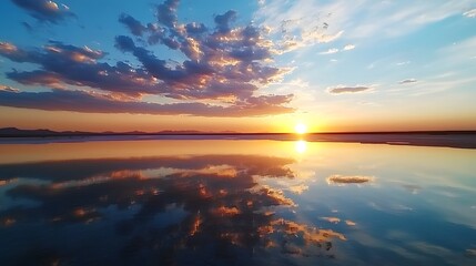 Serene aerial view of sunset reflections over remote salt flat