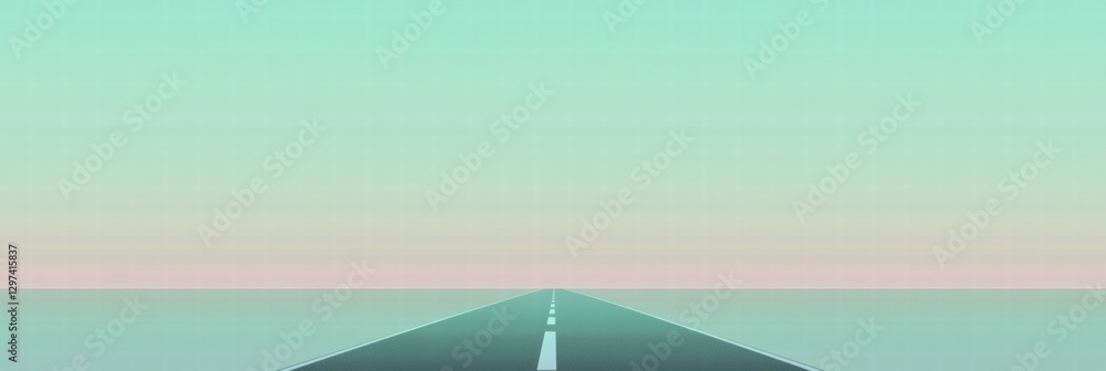 Poster journey along a long, deserted road under a pastel sky at dawn with horizon fading into soft colors.
