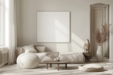 Minimalist living room with a beige sofa. a wooden coffee table. a large framed canvas. and a vase with dried branches