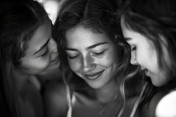 Fototapeta premium Diverse group of young women demonstrating closeness and emotional connection during a candid moment in a shared experience at sunset