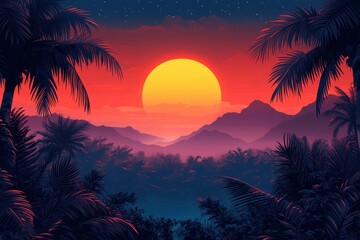 Vibrant Tropical Sunrise Painting Illuminating Lush Jungle Landscape with Silhouetted Palm Trees and Distant Mountain Peaks Under a Starry Sky