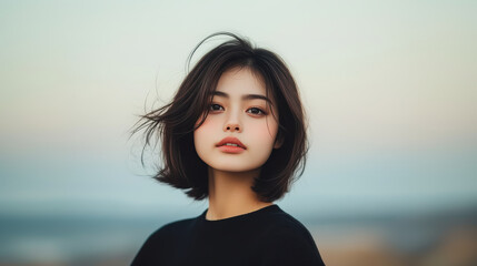 Obraz premium young Japanese woman with short hair stands outdoors, gazing thoughtfully into distance. soft background enhances her serene expression.
