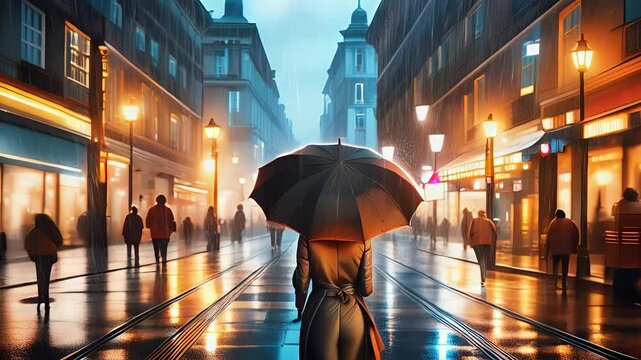 Femme qui se retourne et marche sous la pluie dans la rue avec son parapluie.Ambiance sombre et de fin de journ&eacute;e. Style Lo-fi