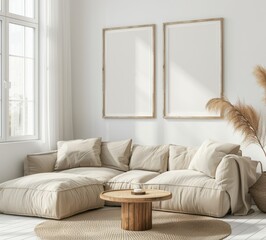 Modern living room with a beige sectional sofa. a round wooden coffee table. and two empty frames on the wall