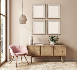 Pink armchair and wooden console table with four empty frames on a beige wall