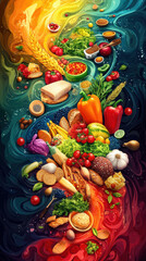 Vibrant swirl of fresh vegetables, grains, and herbs showcases nature bounty