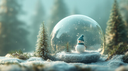 Snow globe featuring snowman surrounded by evergreen trees