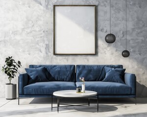 A blue velvet sofa sits in front of a concrete wall with a framed picture. a round coffee table. and a small plant