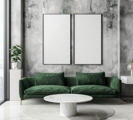Modern living room interior with green velvet sofa. round marble coffee table. and two blank posters on concrete wall