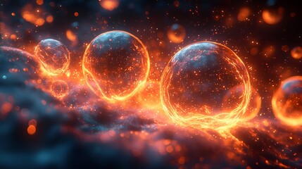 Obraz premium Abstract fiery spheres in smoke, digital art. Possible use Backgrounds, wallpapers, science fiction