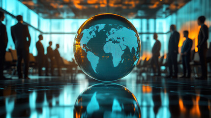 globe reflecting world map in modern office setting