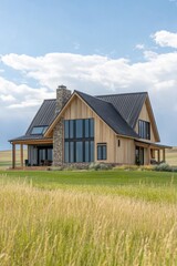 Obraz premium A contemporary wooden house featuring expansive windows is beautifully situated in a grassy field, surrounded by the serene countryside beneath a bright blue sky dotted with fluffy white clouds