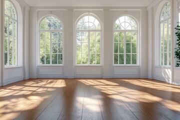 Fototapeta premium Spacious sunlit interior with elegant arched windows and hardwood floors in luxurious real estate setting