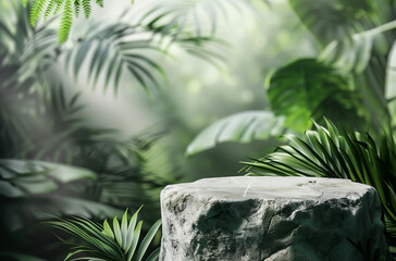 A stone pedestal in a lush tropical jungle setting for product presentation, surrounded by tropical leaves with a 3D render aesthetic.