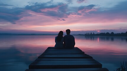 Romantic sunset moment wooden pier couple tranquil lake evening love and connection