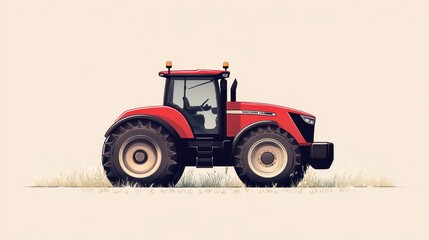 Digital Illustration of Red Modern Tractor in Agricultural Field Showcasing Farming Technology and Machinery in Minimalist Style Artwork