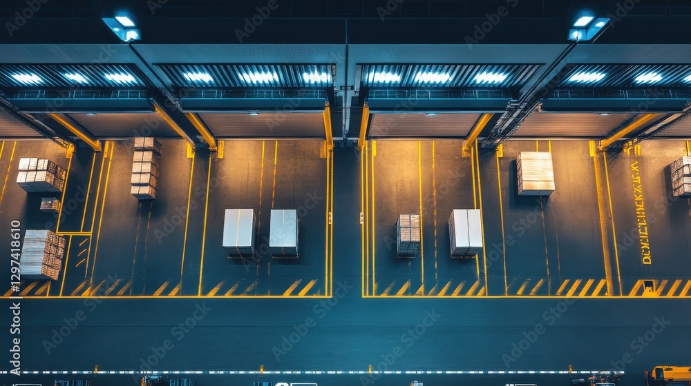 Poster aerial view of modern warehouse with pallets and shelving in optimized loading dock area