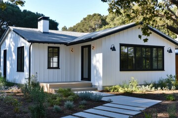 Experience the allure of a charming modern cottage, featuring a pristine white exterior complemented by a beautifully landscaped garden, all nestled in a peaceful neighborhood basking.
