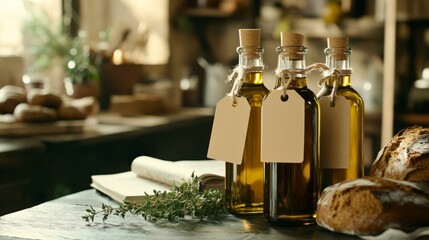 Obraz premium Rustic olive oil bottles with blank tags on kitchen table, perfect for natural cosmetics and organic lifestyle themes