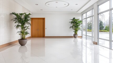 Fototapeta premium Empty modern office hallway with large windows