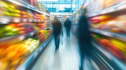 Blurred background of people shopping in a grocery store with shelves in the display case filled with packaged products, incoming light and movement make objects blurry