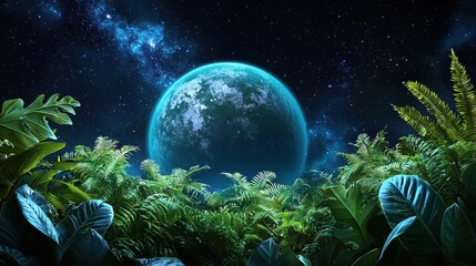 Cosmic Aromatherapy Garden in a Mystical Intergalactic Landscape   A surreal fantasy scene of a lush tropical garden set against a backdrop of a glowing ethereal planet and a starry cosmic sky