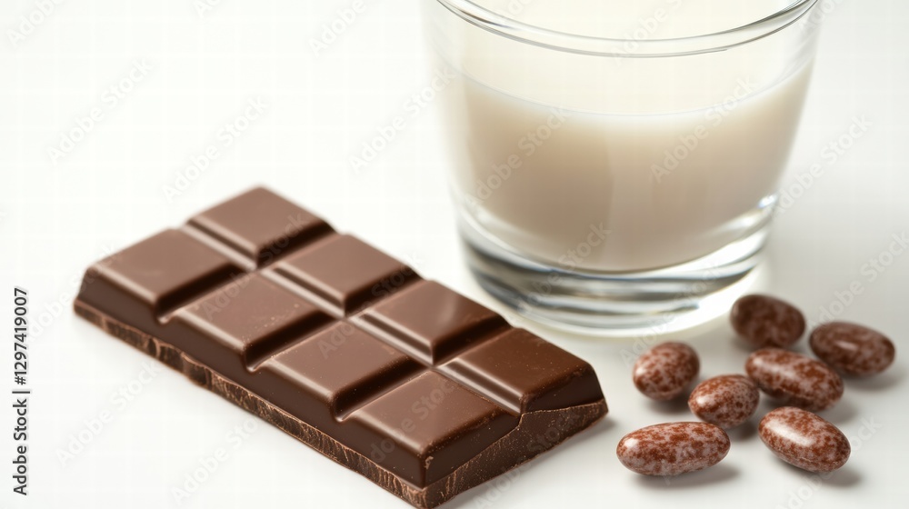 Poster enjoying chocolate bar and milk with candy on a clean white surface for a delightful snack experienc