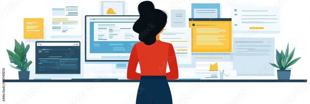 Canvas Prints person at modern workspace surrounded by digital screens and documents in a technology-focused envir