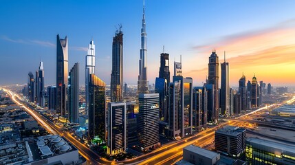 Fototapeta premium Stunning skyline sunset over skyscrapers cityscape urban evening aesthetic beauty