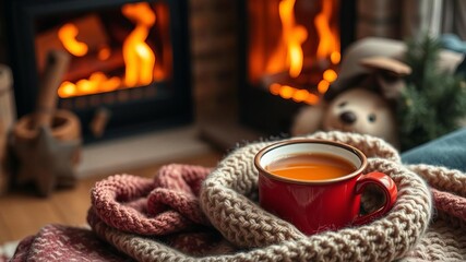 Cozy scene near fireplace with red enameled mug of hot tea and warm scarf, cozy, hot tea, relaxation