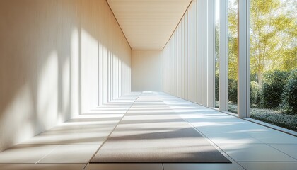 Fototapeta premium Modern hallway with natural light and decorative elements in a serene, contemporary home setting during the day