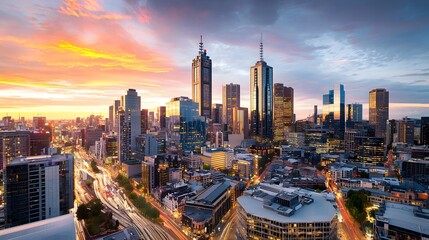 Fototapeta premium Sunset cityscape melbourne urban photography vibrant atmosphere aerial view skyscraper glow
