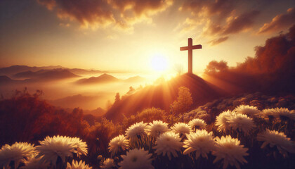 Fototapeta premium Sunlight at hilltop with silhouette cross