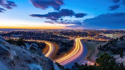 Dazzling Highway Interchange Surrounded by a Vibrant Cityscape at Nightfall with Luminous Trail of Lights Blurring Through the Frame Showcasing the Dynamic Urban Landscape and Transportation Network